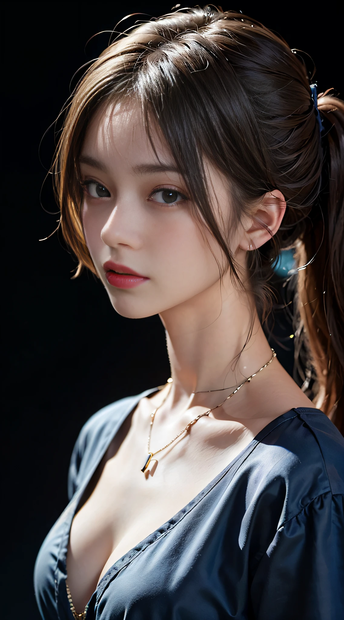 ((masterpiece:1.4)、(top-quality:1.4)、(reallistic:1.7))、masuter piece:1.4、Portrait photo of a girl、Close-up photos、Upper body photography、beautiful countenance、defiance、dark backgrounds、Narrow waist、poneyTail、Raw photo、red-lips、a choker、a necklace、耳Nipple Ring、1 screen display、