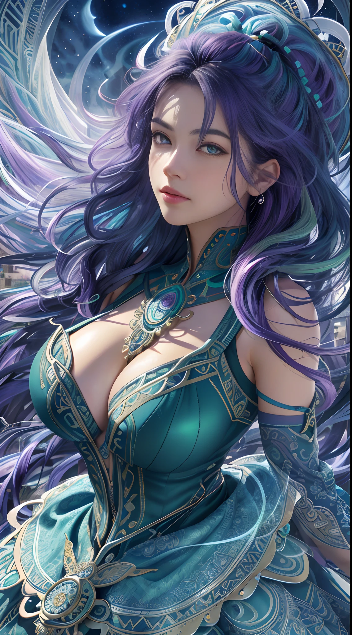 (masterpiece, best quality, ultra-detailed, highres, best illustration),1woman, solo,(male focus:0.8),beauty,huge breasts,big cleavage,purple hair, blue hair,  heterochromia, green eyes, two tone hair, ,side lighting, lustrous skin,(shine),  (shiny skin, cetlic elements, norse heritage), ray tracing,  shirt, wind swept hair, detailed hair, detailed face, ,depth_of_field,very detailed background,extreme light and shadow,(detailed eyes) , perfect anatomy, (zentangle, mandala, tangle, entangle), dynamic angle, wide shot, upper body, city scape, extreme light and shadow, night sky