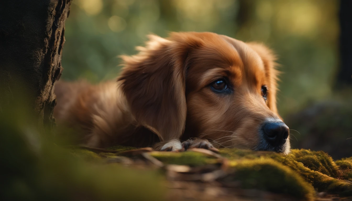 Um cachorro comendo um osso na floresta em 8k, realista