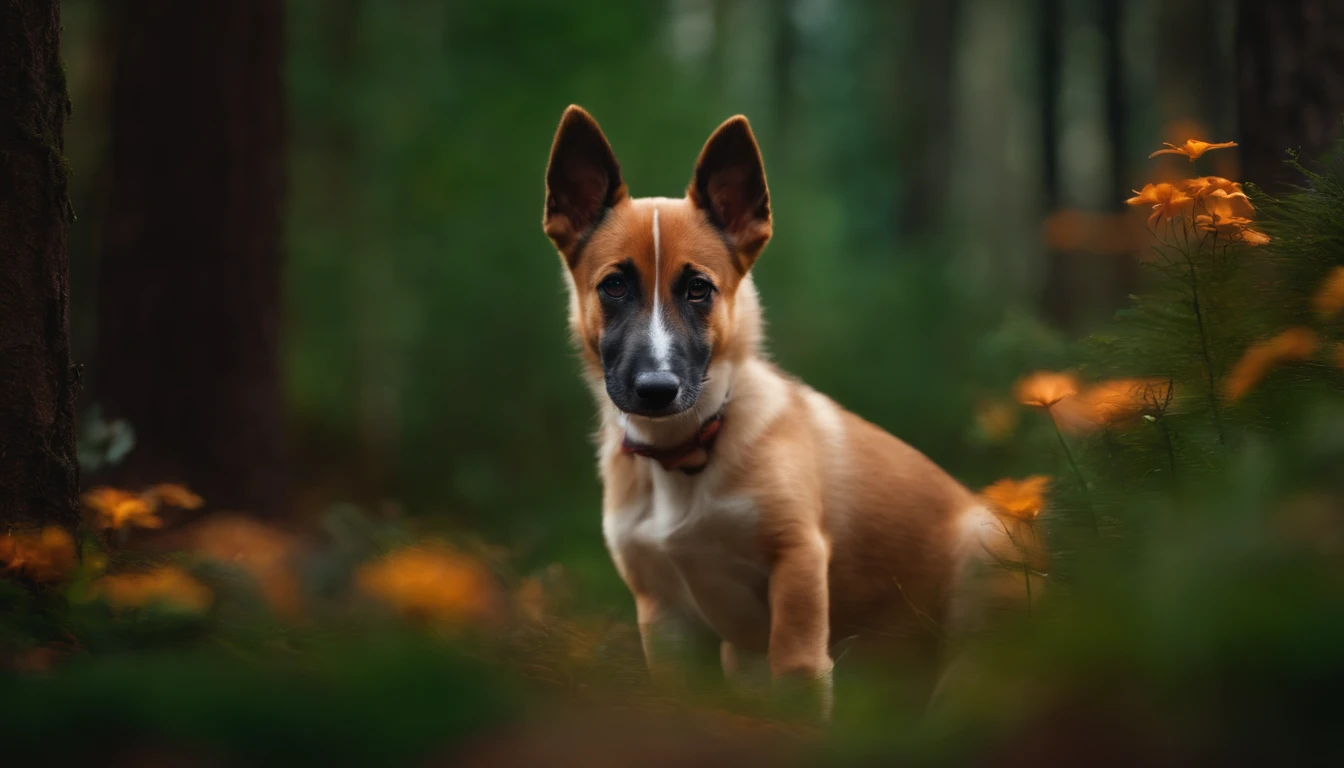 Um cachorro comendo um osso na floresta em 8k, realista