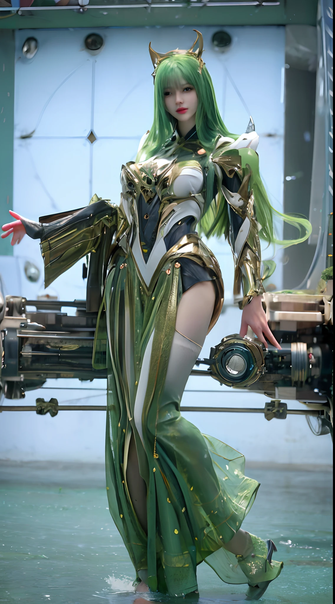 (A complex green-haired woman,Mecha joints and wing radiation, Quiet and dignified, Standing in the water), High-res, Ultra-detailed, Realistic, Vibrant colors, Bokeh, Studio lighting.