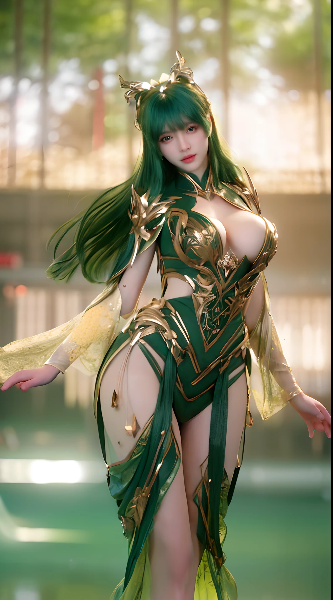 (A complex green-haired woman，Mecha joints and wing radiation, Quiet and dignified, Standing in the water), High-res, Ultra-detailed, Realistic, Vibrant colors, Bokeh, Studio lighting.