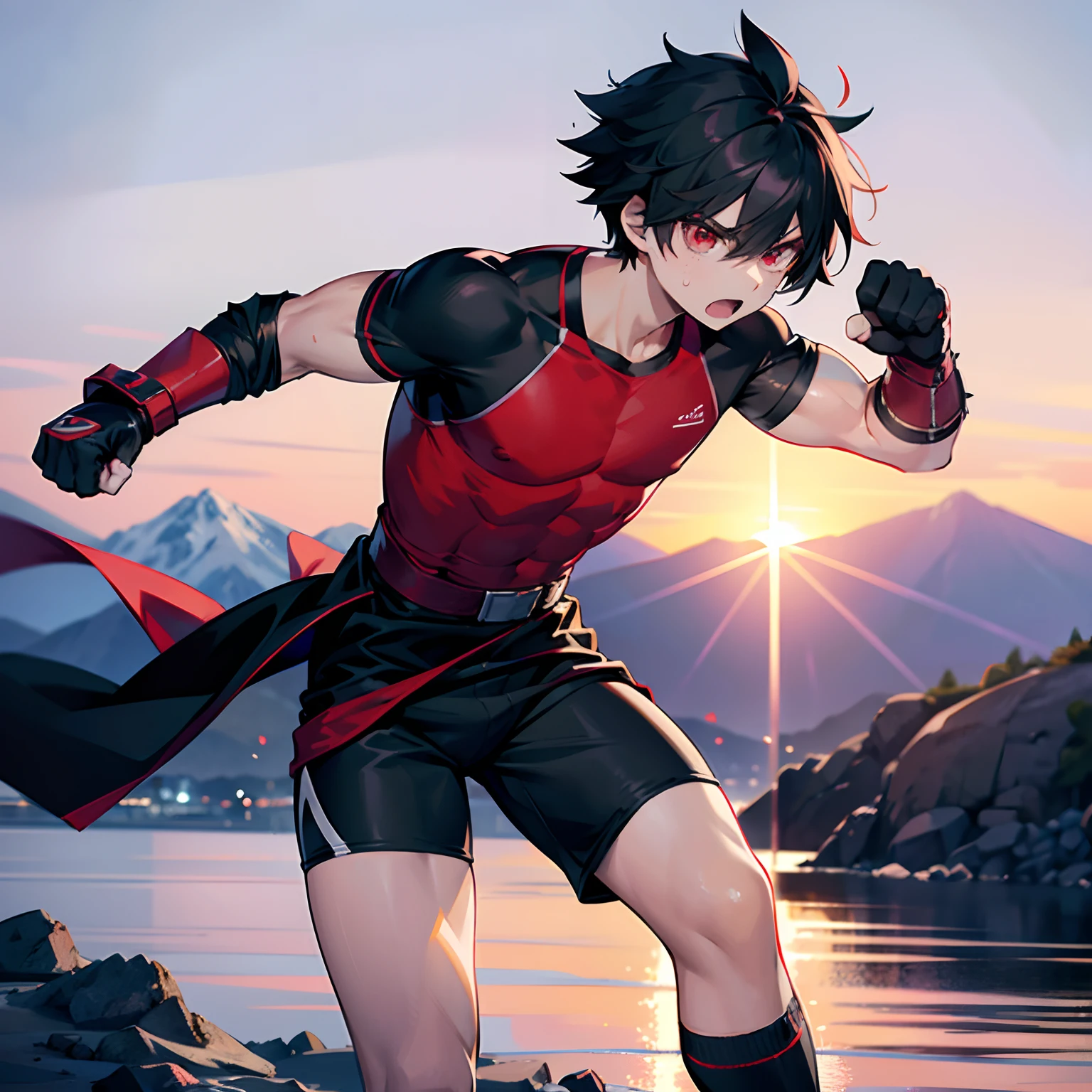 best quality, anime boy, 1 boy, male character character, short fighter, teenager, black messy hair, black hair, short voluminous hair, spiky hair, red eyes, angry expression, male face, black compression shirt, compression shirt long black dress, Black Shirt, Red sports shorts, lean muscular body, well-defined muscles, punching, Long red boxer gauntlets, boxer gloves on hands, fighting pose, mountain background, sunset