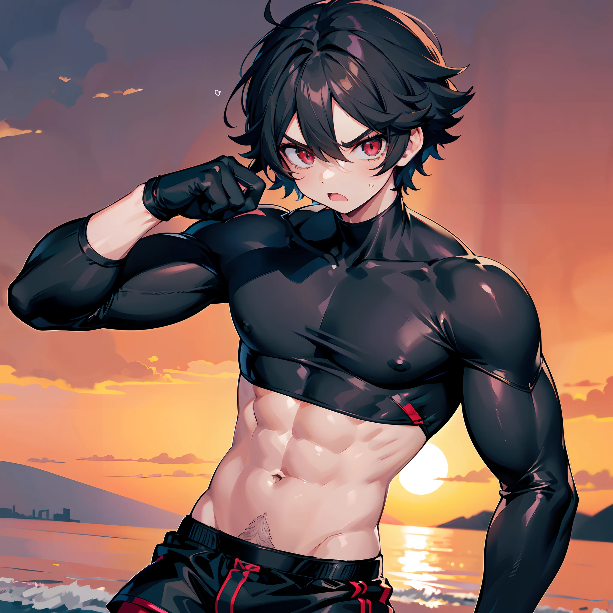 melhor qualidade, anime, 1 meninoonagem masculino, lutador, baixinho, adolescente, black messy hair, cabelos pretos, cabelos curtos e volumosos, cabelo espetado, pupilas vermelhas, angry expression, face masculina, black compression shirt, long black compression shirt, Camisa Preta, red sports shorts, Wide shorts, corpo muscular magro, well-defined muscles, socando, Manoplas boxer vermelhas longas, Boxer gloves on hands, pose de luta, fundo da montanha, sun sunset