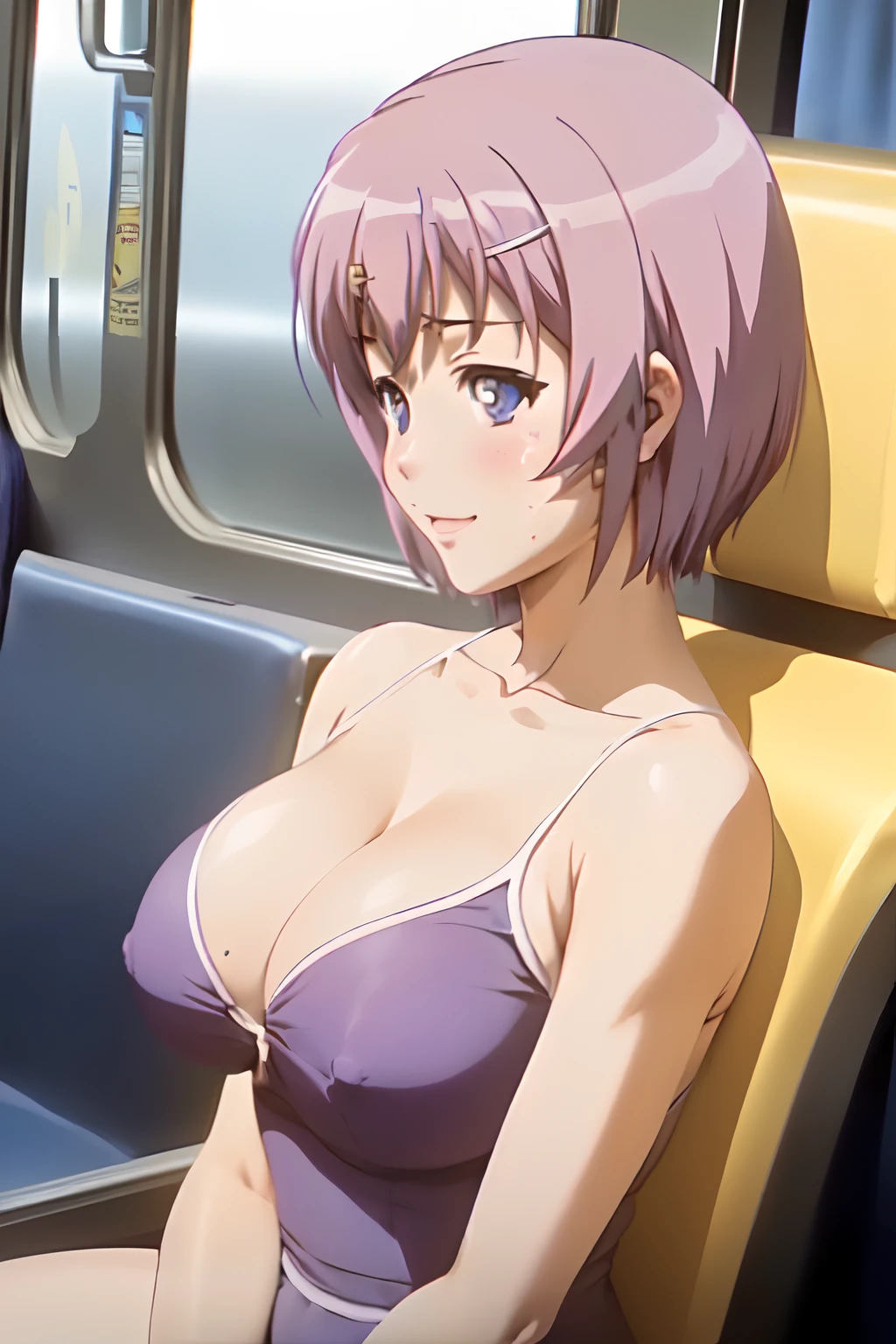1girl, Anna_Ichinose, Short hair, light-purple hair, blue eyes, swimsuit, Solo, Solo Focus, female focus, (from front:1.4, front view:1.4, looking at viewer, upper body, face focus, face close-up), smile, ((sitting train-seat)), (in train), (mayonnaise bukkake:1.4, mayonnaise on face:1.4, mayonnaise on hair:1.4, mayonnaise:1.4), (mayonnaise transfer semen)