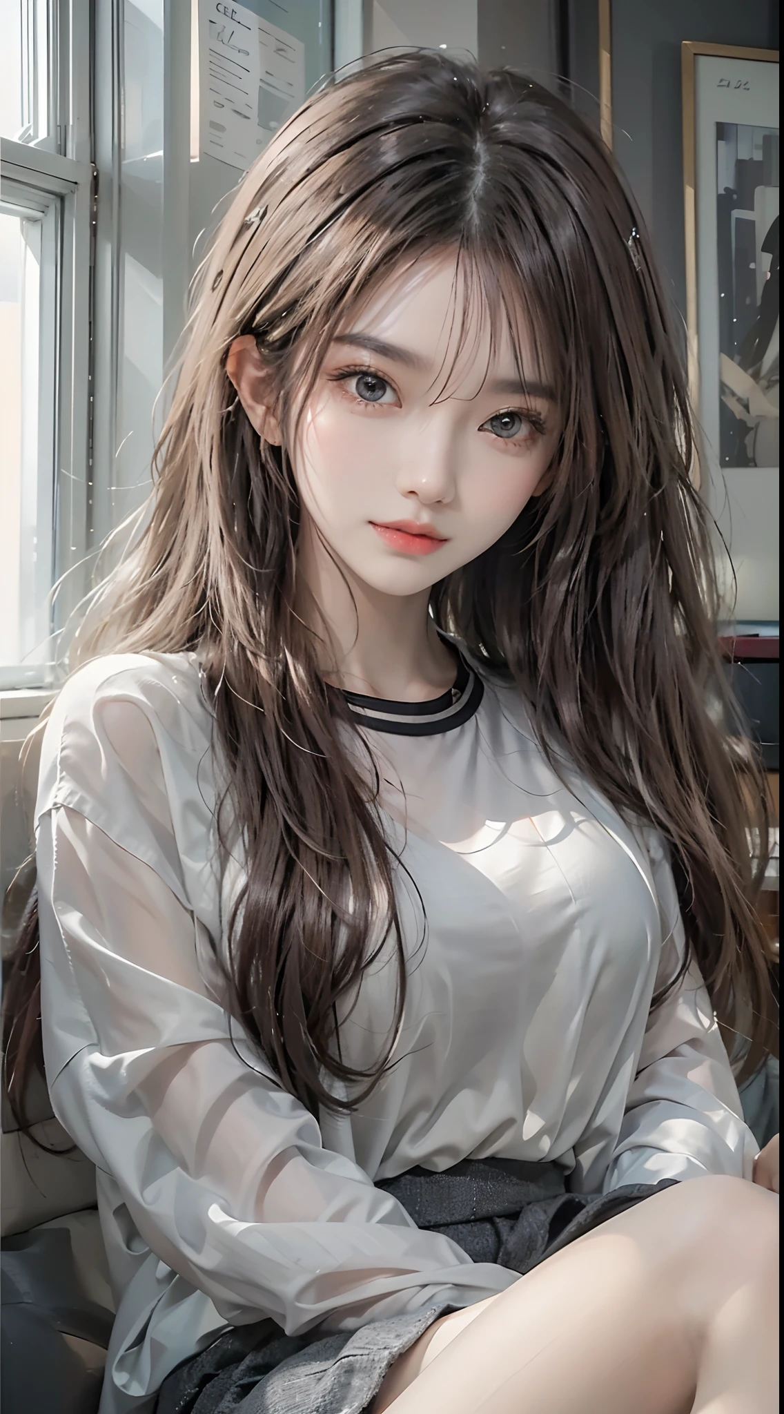 ​masterpiece、top-quality)、1 beutiful girl、A smile、Slim body、(Black and white plain clothes:1.1)、(Detailed beautiful eyes)、Bedroom、in a house、((Black long-haired))、a small face、tall、((Light brown eyes))、((Korean Girl))、((cool lady))、((cool expression))