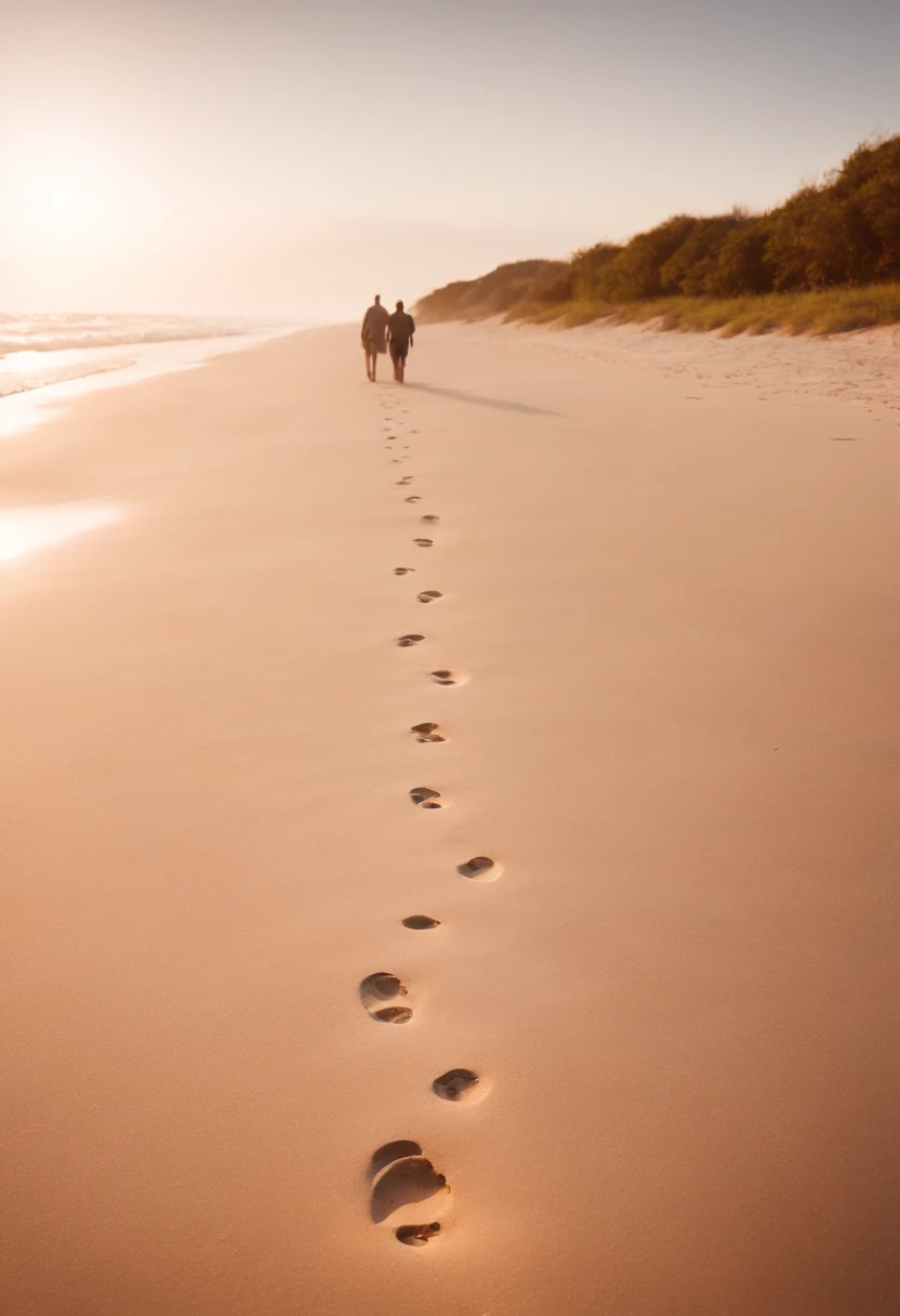 a deserted beach, two men walking in the distance side by side, leaving footprints in the sand at dusk, , Best Definition, 4k, photorealistic