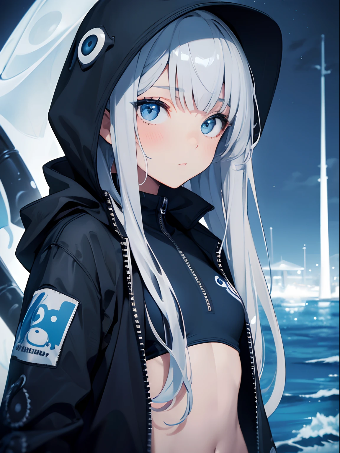 (Masterpiece, Best quality, ultra high resolution),1girl,beautiful and detailed face, detailed eyes,(squid girl,tentacles), black jacket,open jacket,swimsuit under clothes,in the beach, night,((grey and blue theme)),
