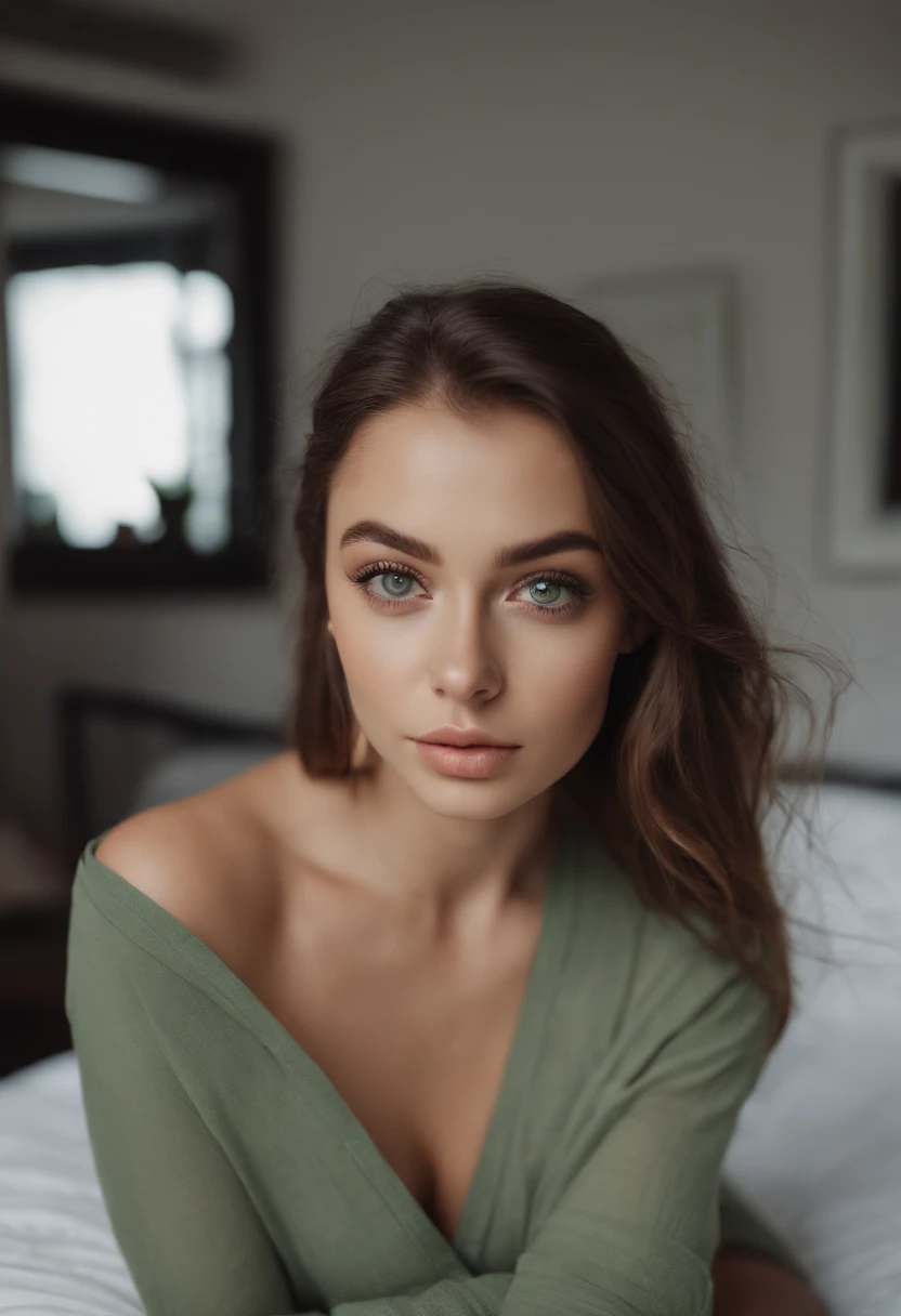 sexy girl with green eyes, portrait sophie mudd, brown hair and large eyes, selfie of a young woman, bedroom eyes, violet myers, without makeup, natural makeup, looking directly at the camera, face with artgram, subtle makeup, stunning full body shot, piercing green eyes, girl in bikini on the beach