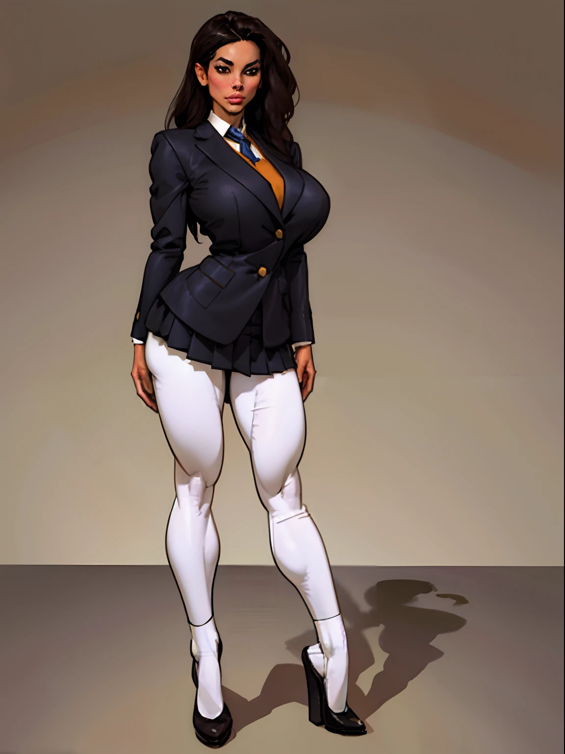 Lonely young adult girl, Tall stature, large chest, closed mouth, asian face: brown eyes; black hair; sharp facial features; dimple on the chin; asian nose; lisa nose; pronounced high cheekbones; high forehead, stands upright, (gigantic breasts:1.4), detailed face, school uniform: blazer jacket; pants, Full-length painting, white crew socks, black heels