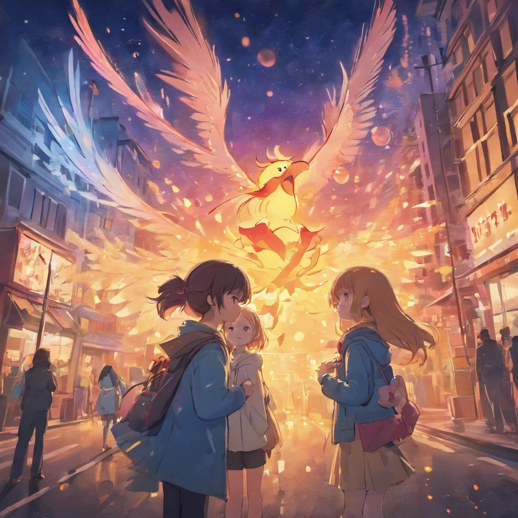 bird couples standing on a street, night, Colorful,Fireworks all over the sky,Heart-shaped bubbles,Bird couples,Cartoony,Chubby little female bird and little male bird hugging each other,Glowing fireflies around,,Cute and cute,bird ILLUSTRATION,Glow effects,Dingdall effect,depth of fields,high light,Real light,Ray traching,oc rendered,Hyper-realistic,best qualtiy,8K,Works of masters,super-fine,Detailed feathers,Correct anatomy,Bokeh