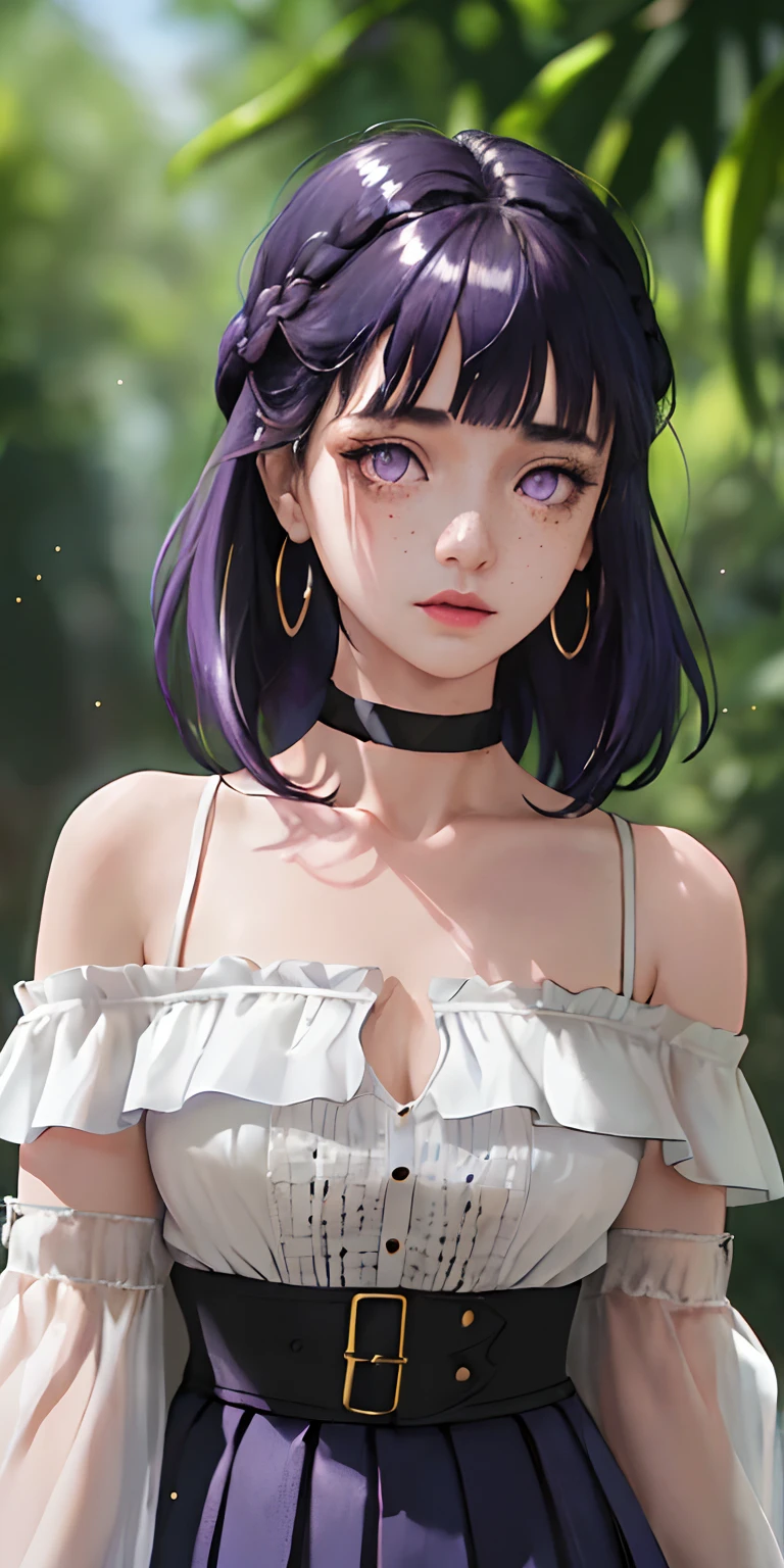 (masterpiece, best quality), 1girl, intricate details, print, earrings, freckles, upper body, bokeh, dappled sunlight,Blunt Bangs, purple eyes, long dark blue hair , off shoulder, high-waist skirt, choker, looking at viewer, french braid, clothing cutout, glitter, particles, strap slip,