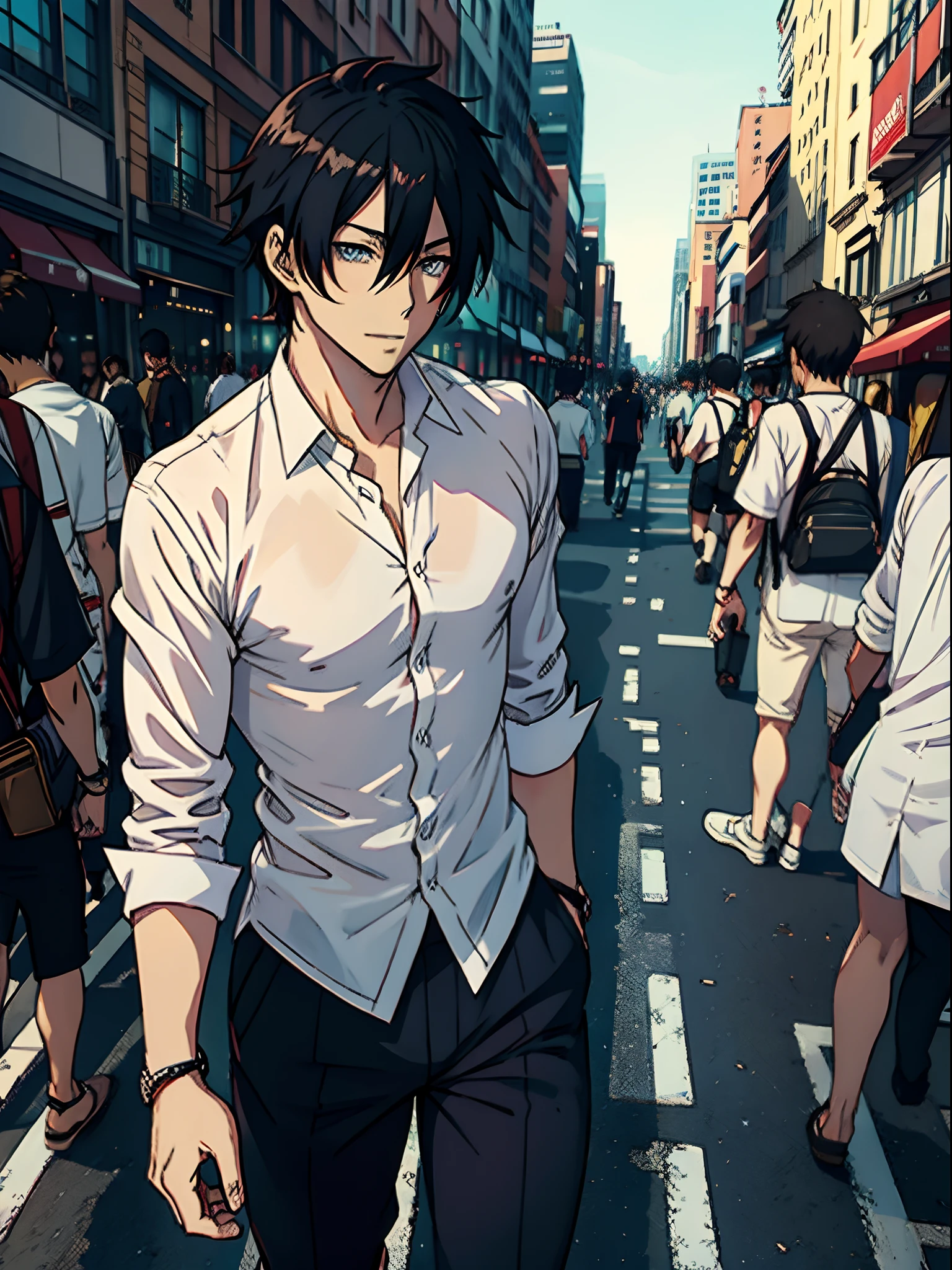 anime sexy guy in white shirt in the city
