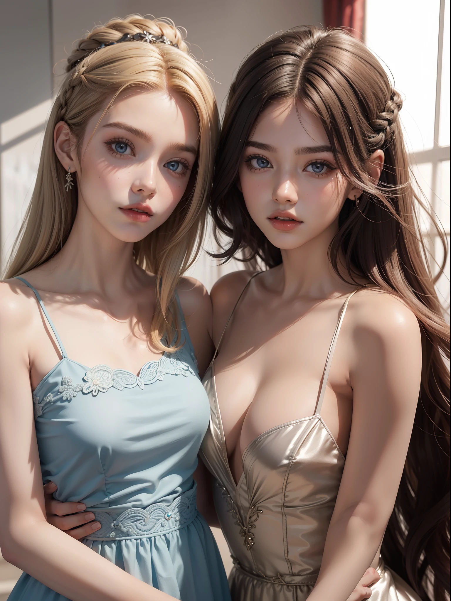 2 jovens, Beautiful girl,Metade do corpo perfeito, (cabelo vermelho e curto,penteado na altura do queixo) ,, olhos realistas,Olhos bonitos e grandes) vestido curto de couro preto e vermelho cor. 2 mulheres de costas uma para a outra, cabelos e olhos de tom diferentes, cabelos vermelhos, cabelo azulado