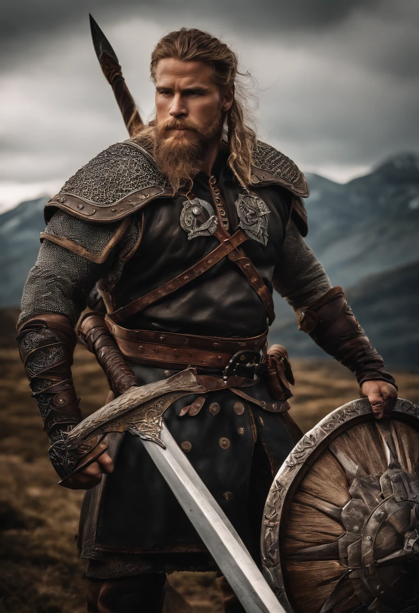 A fierce Viking warrior dressed in heavy Viking armor and wielding a formidable weapon, Showing your warrior spirit. Certifique-se de que o pano de fundo reflita a beleza acidentada de uma paisagem viking, olhos claros brilhantes, Biomechanicals, estranho, assustador, Pesadelo, cores muito brilhantes, light particles, com luz brilhante, Mshiff, Arte do papel de parede, Papel de parede UHD