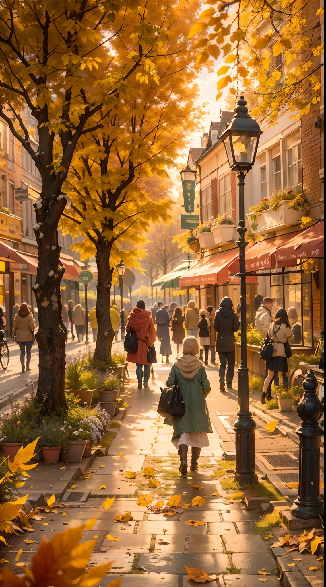 (Best quality,4K,8K,A high resolution,Masterpiece:1.2),(paper art:1.2，The art of paper:1.3)，Ultra-detailed,(Realistic,Photorealistic,photo-realistic:1.37),Autumn Street,illustration,Beautiful autumn colors,Vibrant foliage on sidewalks and streets,Cozy atmosphere,Fresh air,People strolling on the sidewalk,Warm golden sunlight pours down through the trees,Seasonal décor adds charm and warmth,The leaf-covered ground crunched under the sound of footsteps,Nostalgic architecture with intricate details,Narrow cobbled streets wind through the city,Historic building with colorful facades,Bustling café，Outdoor seating available,People enjoy hot drinks and chat,Fallen leaves swirl in the breeze,Soft shadows cast by trees,Picturesque town square，There is a majestic fountain,The leaves float gently in the water,Fallen leaves form a natural carpet,The artist captures the scene on canvas,The autumn fragrance of cinnamon and baked goods wafts from a nearby bakery,Endless trees in blooming autumn splendor,leaves rustling in the wind,Autumn Fashion，Wear yours with a cosy scarf and jacket,People stop to photograph the picturesque landscape,Children playing in piles of leaves,Autumn harvest displayed at the local market,Spontaneous street performances spread joy and laughter,Friendly smile and warm greeting,Fallen leaves dance in the sun,a peaceful and serene atmosphere,Enjoy the tranquility of bright colors,The magical atmosphere that captures the essence of autumn.