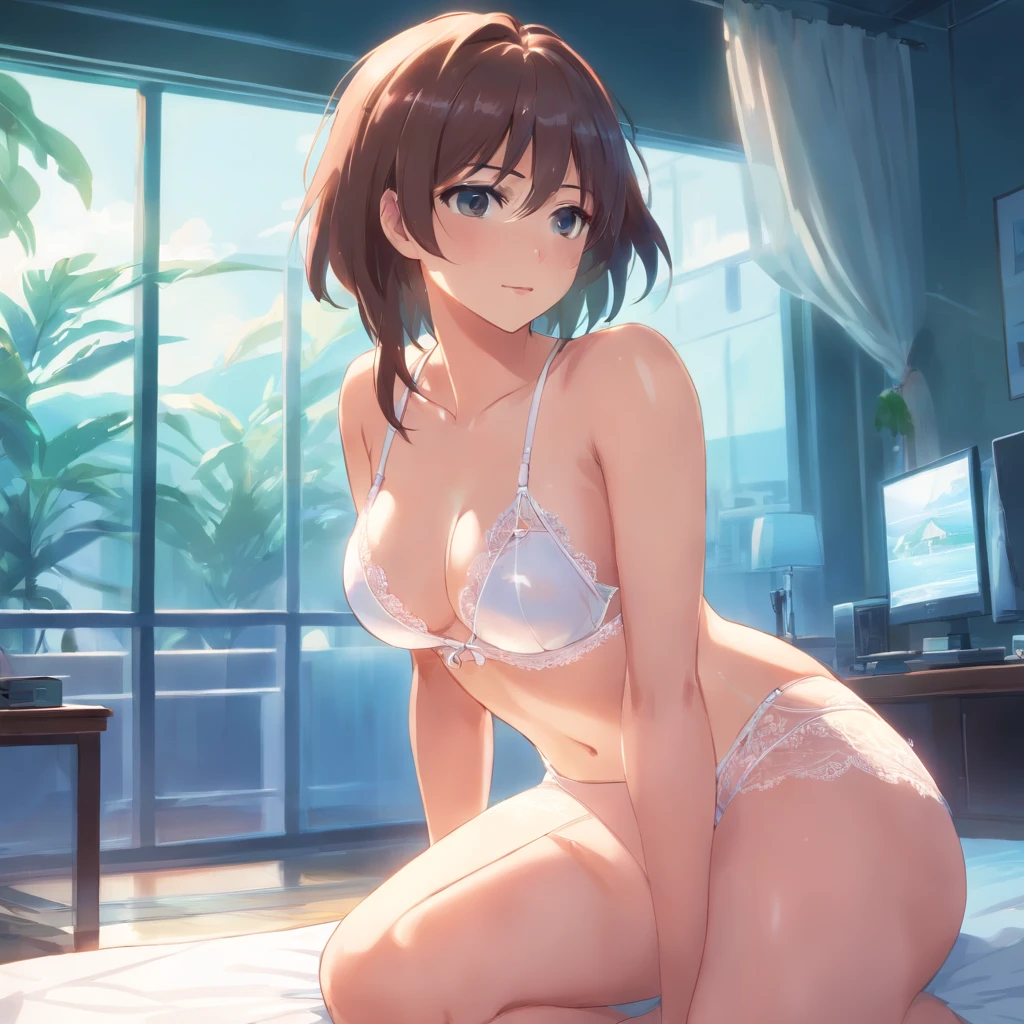 1 girl beautiful, hot, sexy, sexy women in white transparent lingerie because of sweating, posing by grabbing her own breasts