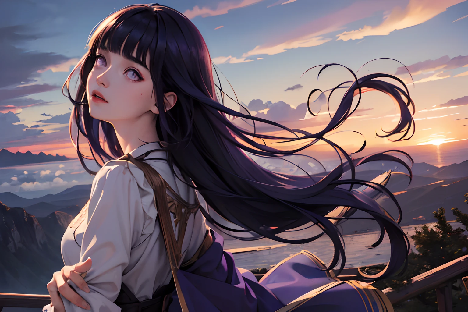 absurdres, highres, (official art, beautiful and aesthetic:1.2), close view,
shining sky, vast world, girl, gazing, awe-inspiring expression, distant horizon, clouds, high hill, natural beauty, inspiration, light effects,Blunt Bangs, purple eyes, long dark blue hair