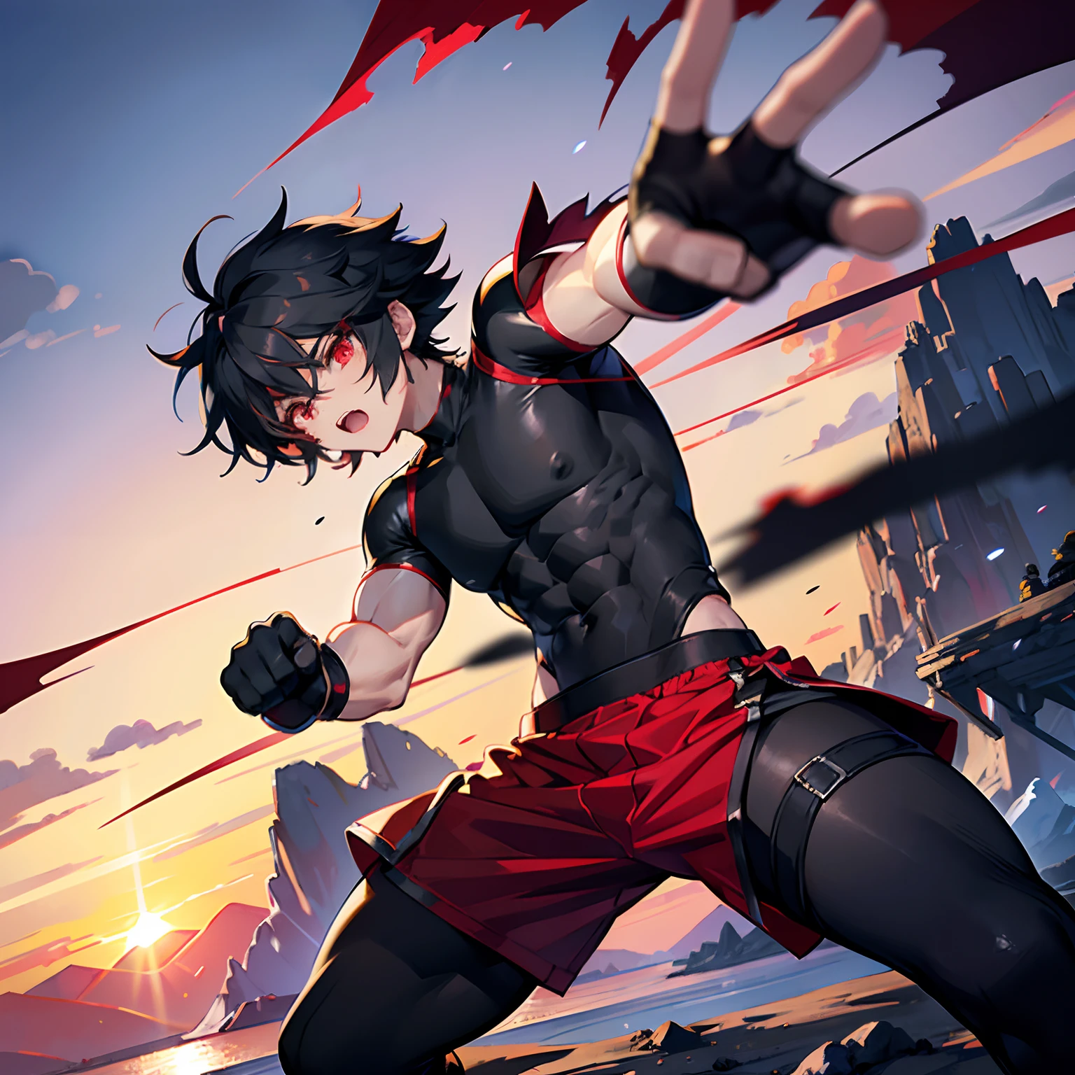 best quality, anime boy, 1 boy, male character character, short fighter, teenager, black messy hair, black hair, short voluminous hair, spiky hair, red eyes, angry expression, male face, black compression shirt, compression shirt long black dress, Black Shirt, Red sports shorts, lean muscular body, well-defined muscles, punching, Long red boxer gauntlets, boxer gloves on hands, fighting pose, mountain background, sunset