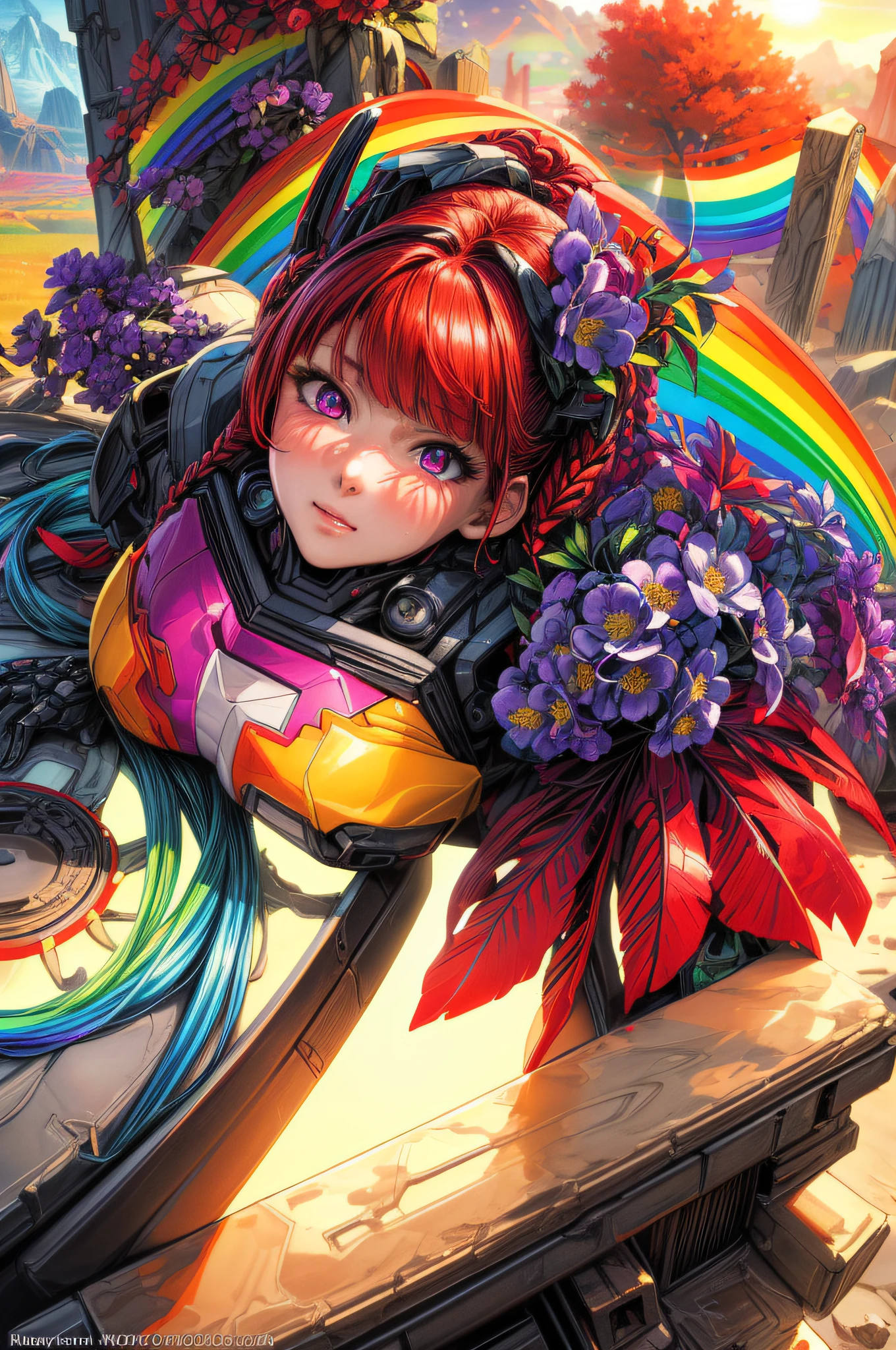 a picture of a mecha woman resting in a rainbow colored flower meadow, full body, an exquisite beautiful (ultra detailed, Masterpiece, best quality: 1.4) female mecha woman, dynamic angle (best detailed, Masterpiece, best quality), best detailed face (best detailed, Masterpiece, best quality: 1.5), ultra feminine (best detailed, Masterpiece, best quality), red hair, long hair, braided hair, dynamic eyes color, (wearing mecha armor: 1.4), resting in (rainbow colored flower meadow: 1.6), full colored, (perfect spectrum: 1.3),( vibrant work: 1.4) vibrant shades of red, orange, yellow, green, blue, indigo, violet day light, sun rising, high details, fantasy art, RPG art best quality, 16k, [ultra detailed], masterpiece, best quality, (ultra detailed), full body, ultra wide shot, photorealistic, mecha musume