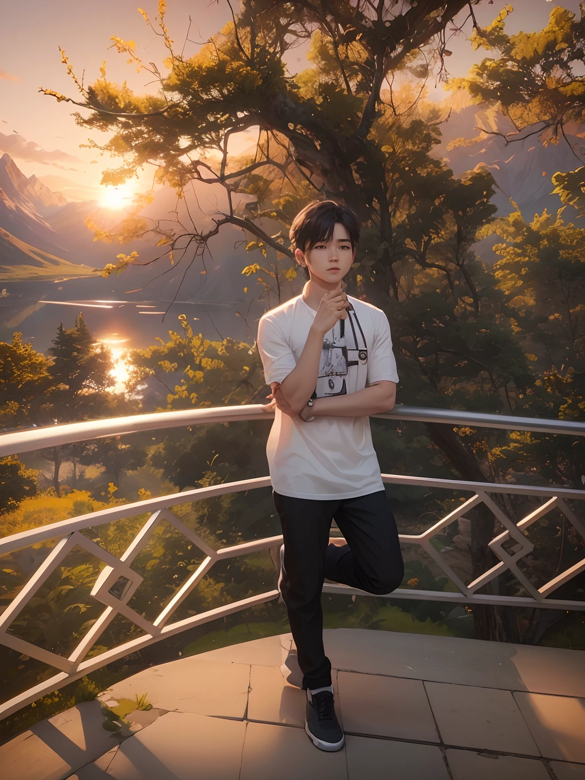 8k , AI, realistic face, ultra realistic, background chenge sun set some trees and mountain, handsome 16 years old boy with white shirt and black musk