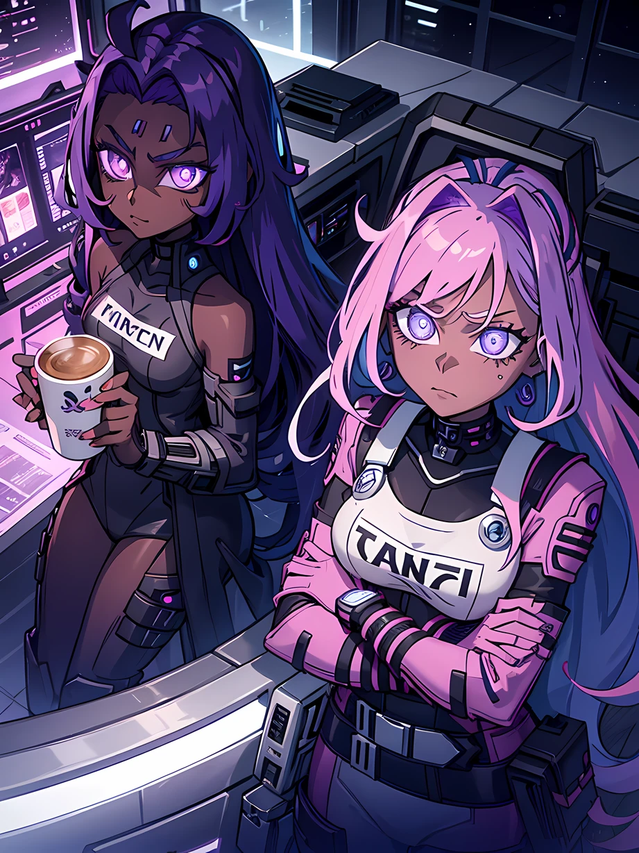 futuristic girl, dark skin, purple colored eyes, space, purple hair, blue hair, pink hair, long hair, dark skin, futuristic coffee shop