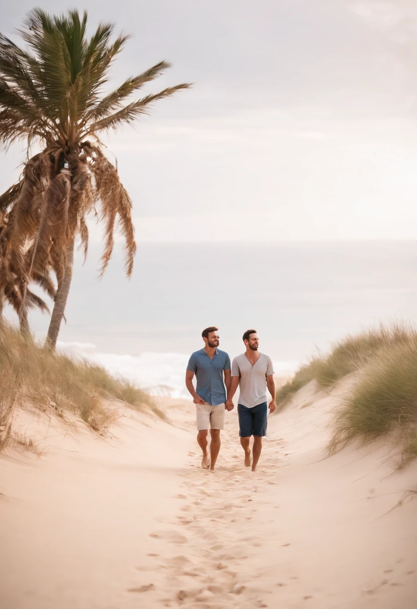 Uma praia deserta, dois homens caminhando ao longe lado a lado, deixando pegadas na areia ao entardecer, , Best Definition, 4k, fotorrealista