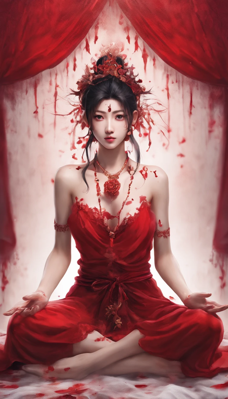 Blood red room, Flashing white TV screen, BUDDHA STATUE, cabelos preto e longos, with hair dishevelled, Cover one eye and face, Bright red eyes, Wearing a white transparent robe, Looming full breasts,liquor,Devil, reaching out her hands,Straighten your body, Red nails are exposed, Pinch the camera, hyper HD, Anatomically correct, Textured skin, Super detail, High details, High quality, A high resolution, 8K, hyper HD, Anatomically correct, Textured skin, Super detail, High details, High quality, Best quality, 8K,Leishnampo,Room 2,Horror