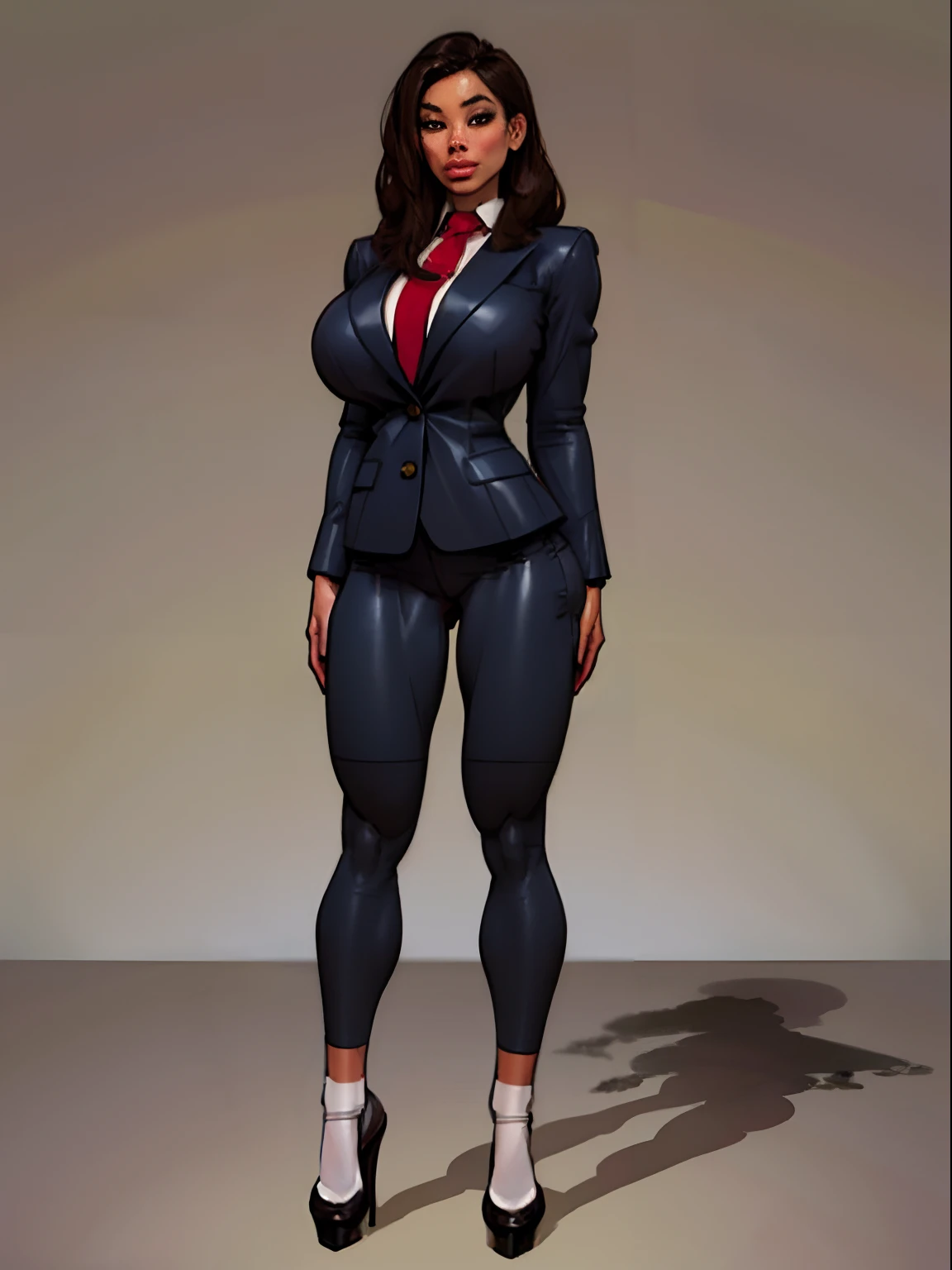 Lonely young  girl, Tall stature, large chest, closed mouth, asian face: brown eyes; black hair; sharp facial features; dimple on the chin; asian nose; lisa nose; pronounced high cheekbones; high forehead, stands upright, (gigantic breasts:1.4), detailed face, school uniform: blazer jacket; pants, Full-length painting, white crew socks, black heels