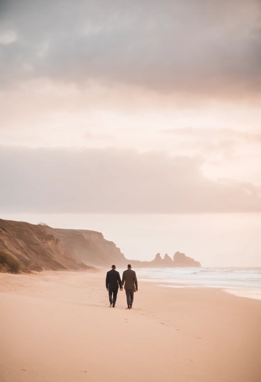 Uma praia deserta, dois homens caminhando ao longe lado a lado, deixando pegadas na areia ao entardecer, , Best Definition, 4k, fotorrealista