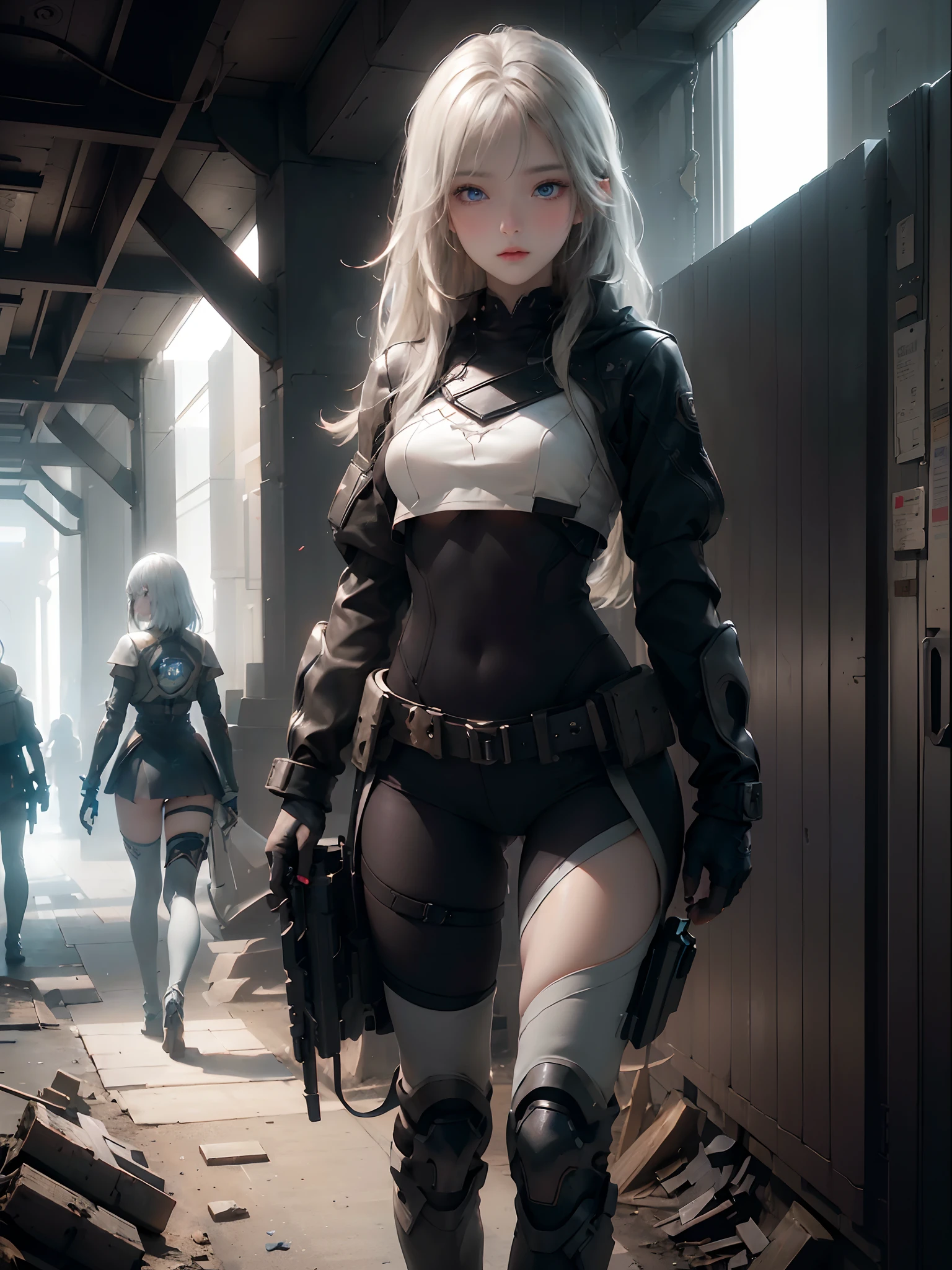 ((top-quality)), (((masterpiece)), (detaileds: 1.4), 3D, Beautiful Cyberpunk Woman Image, bob cuts, Broken black tights, leather clothes, Electromechanical, nffsw(HighDynamicRange), Ray traching, NVIDIA RTX, Hyper-Resolution, Unreal 5, Sub-surface scattering, PBR Texture, Postprocess, Anisotropy Filtering, depth of fields, Maximum sharpness and acutance, Multilayer Texture, Albedo and Highlight Maps, Surface Coloring, Accurate simulation of light-material interactions, perfectly proportions、octane renderings、two tone lighting、Large aperture、Low ISO、White Balance、thirds rule、8K Raw、masterpiece、top-quality、(8k extremely detailed CG unit wallpaper)(top-quality)、(The best illustrations)、(Best Shadows), innocent blue eyes, long hair, big titt