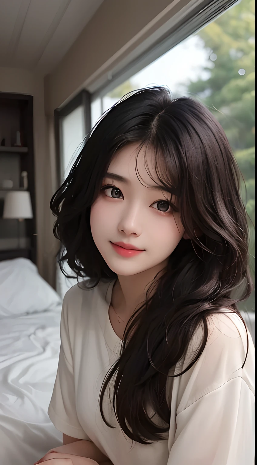 masterpiece、top-quality)、1 beutiful girl、A smile、Slim body、(Black and white plain clothes:1.1)、(Detailed beautiful eyes)、Photo session in the bedroom、in a house、((Black long-haired))、a small face、tall、((Light brown eyes))、((Korean Girl))、((cool lady))、((cool expression))