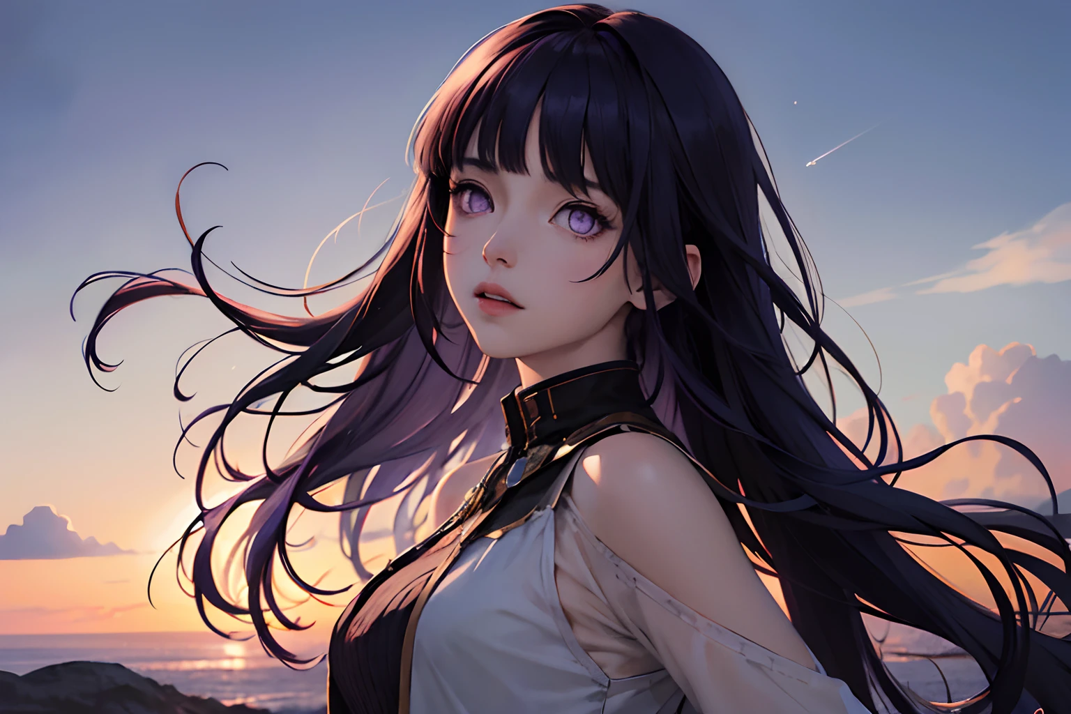 absurdres, highres, (official art, beautiful and aesthetic:1.2), close view,
shining sky, vast world, girl, gazing, awe-inspiring expression, distant horizon, clouds, high hill, natural beauty, inspiration, light effects,Blunt Bangs, purple eyes, long dark blue hair