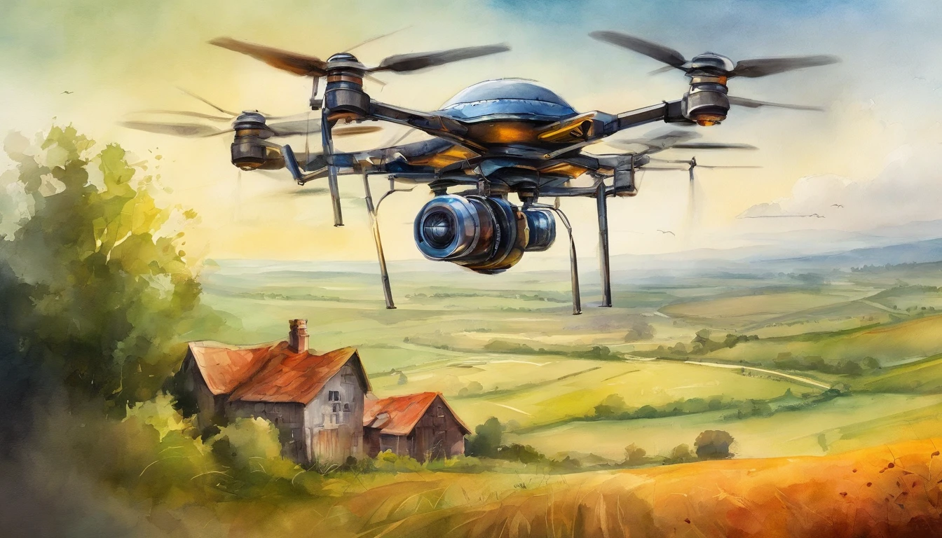 Hexacopter flying over farmland,cyber punk style,illustration,Flight stability,Unique perspective,Dynamic graphics,Full of technology。
