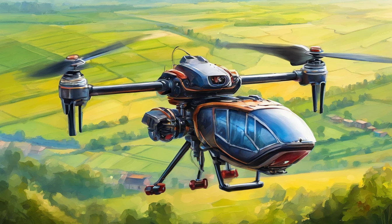 Hexacopter flying over farmland，cyber punk style，illustration，Flight stability，Unique perspective，Dynamic graphics，Full of technology。