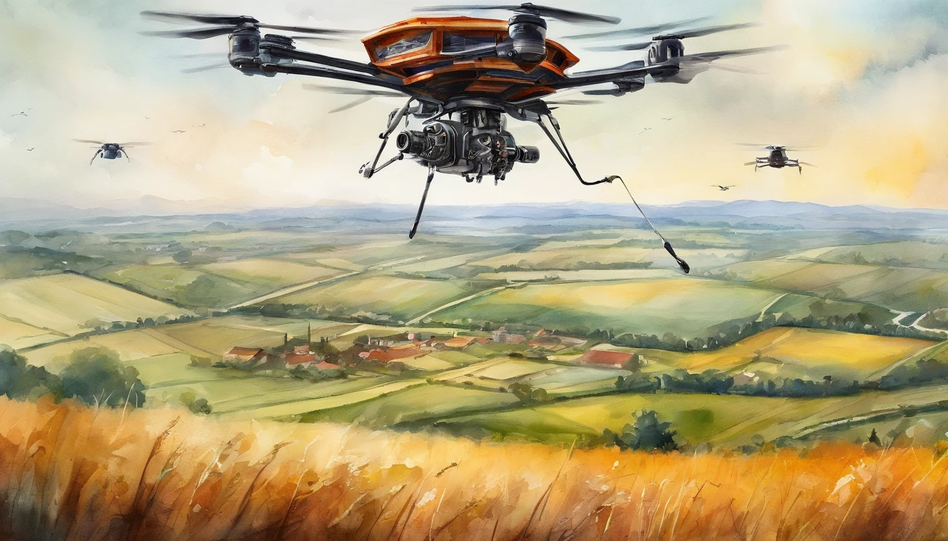 Hexacopter flying over farmland,cyber punk style,illustration,Flight stability,Unique perspective,Dynamic graphics,Full of technology。