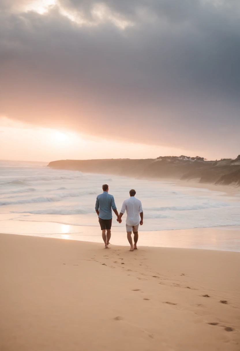 Uma praia deserta, dois homens caminhando ao longe lado a lado, deixando pegadas na areia ao entardecer, , Best Definition, 4k, fotorrealista