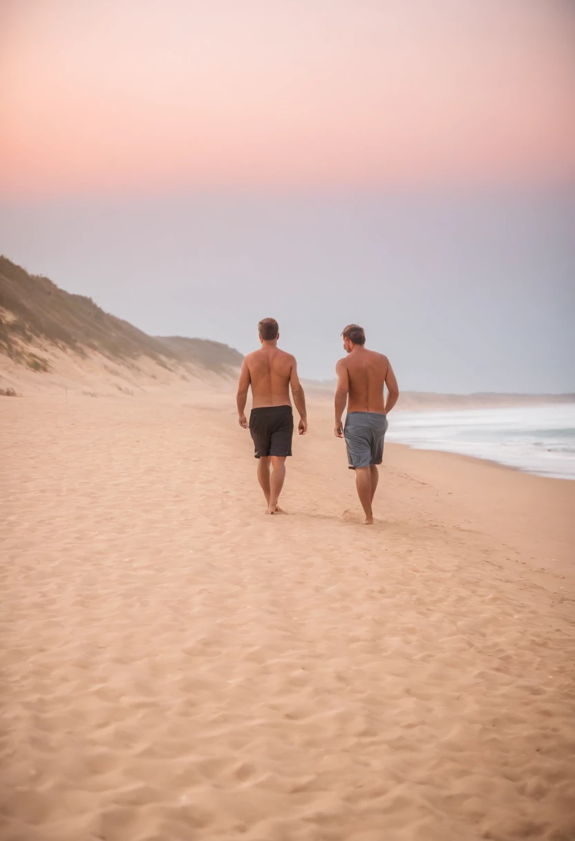 Uma praia deserta, dois homens caminhando ao longe lado a lado, deixando pegadas na areia ao entardecer, , Best Definition, 4k, fotorrealista