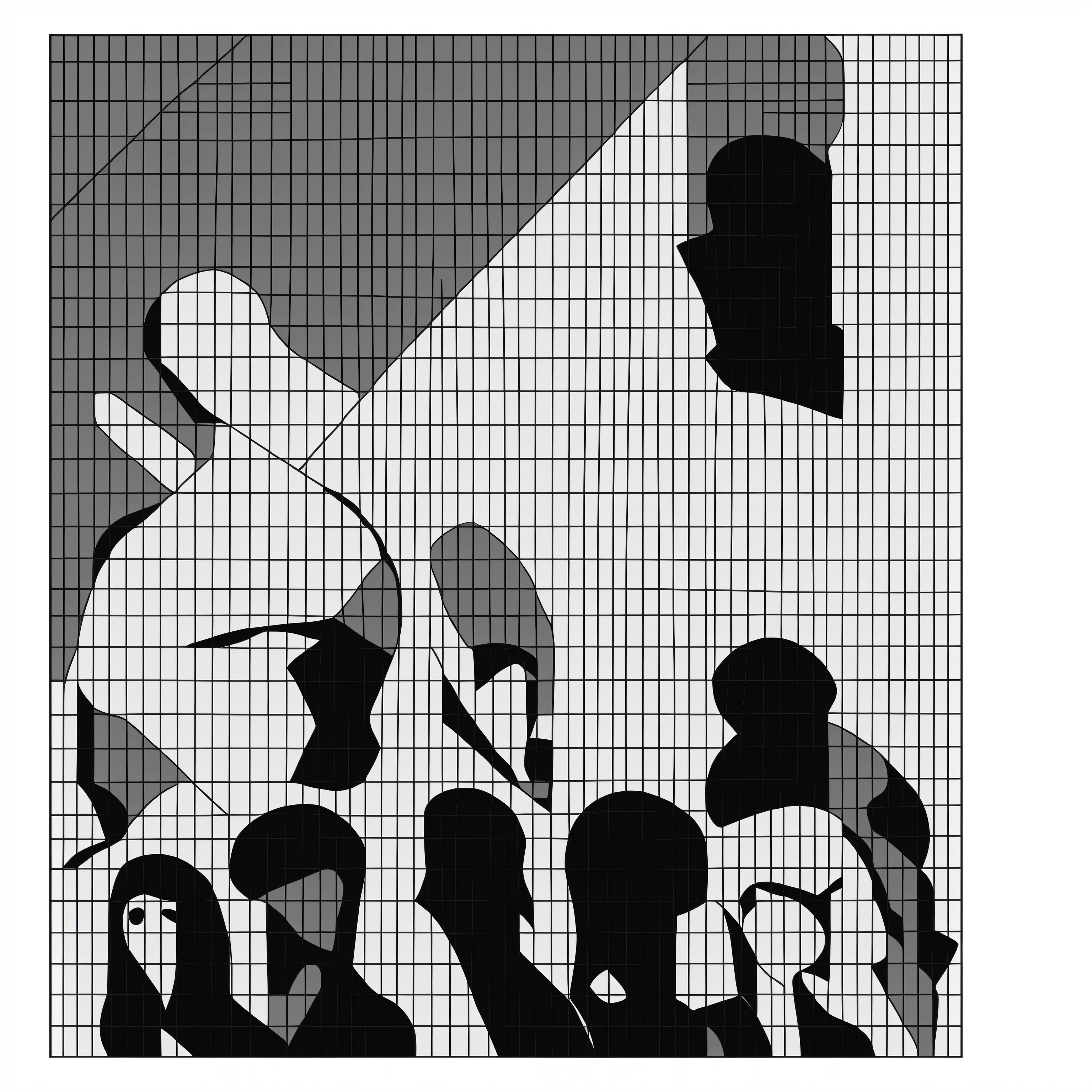 4 cartoon characters staring to the right each individually inside a 2 x 2 grid with a white background and black grid lines