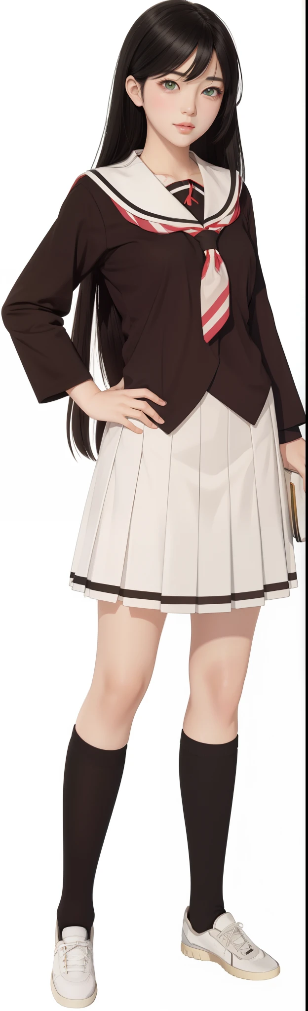 Japanese woman, anime girl in school uniform with black hair and white skirt, yandere. ah high, green colored eyes !!!, beautiful green eyes, Visual Novel Sprite, cute anime waifu in a nice dress, realistic schoolgirl, beautiful anime high school girl, !!full-length portrait!!, smooth anime cg art, made with anime painter studio, wearing skirt, render of a cute 3d anime girl