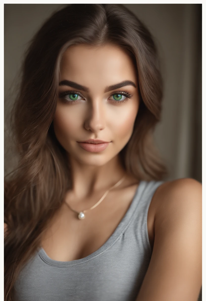 arafed woman with a white tank top and a necklace, sexy girl with green eyes, portrait sophie mudd, brown hair and large eyes, selfie of a young woman, bedroom eyes, violet myers, without makeup, natural makeup, looking directly at the camera, face with artgram, subtle makeup, stunning full body shot, piercing green eyes, beautiful angle, attractive pose, cute girl, sexy pose, full body picture, full body, full body shoot, brunette goddess, high detail, satisfied pose, wearing grey skirt and boots, skirt, boots