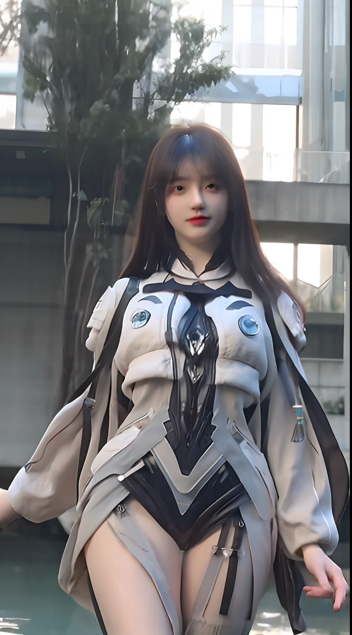 (A complex green-haired woman,Mecha joints and wing radiation, Quiet and dignified, Standing in the water), High-res, Ultra-detailed, Realistic, Vibrant colors, Bokeh, Studio lighting.