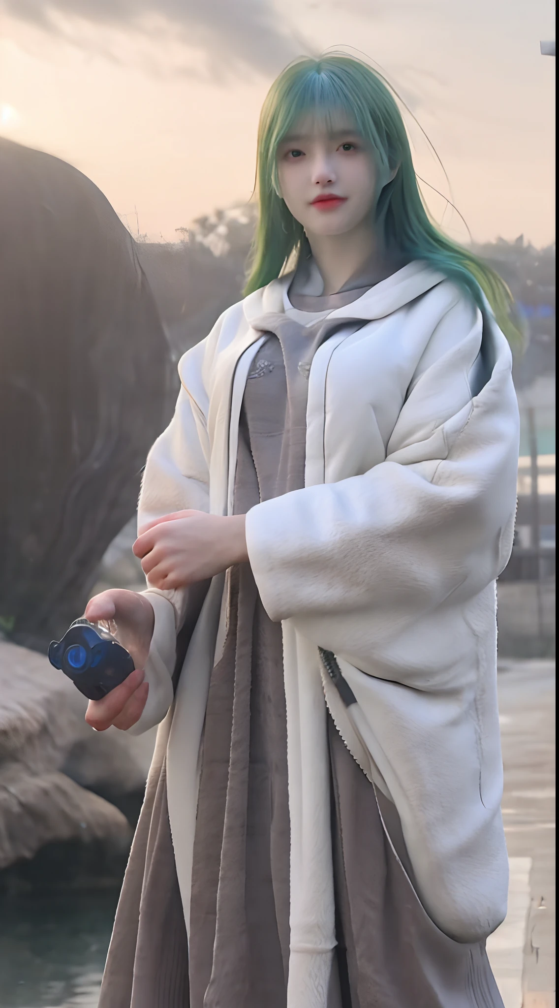 (A complex green-haired woman,Mecha joints and wing radiation, Quiet and dignified, Standing in the water), High-res, Ultra-detailed, Realistic, Vibrant colors, Bokeh, Studio lighting.