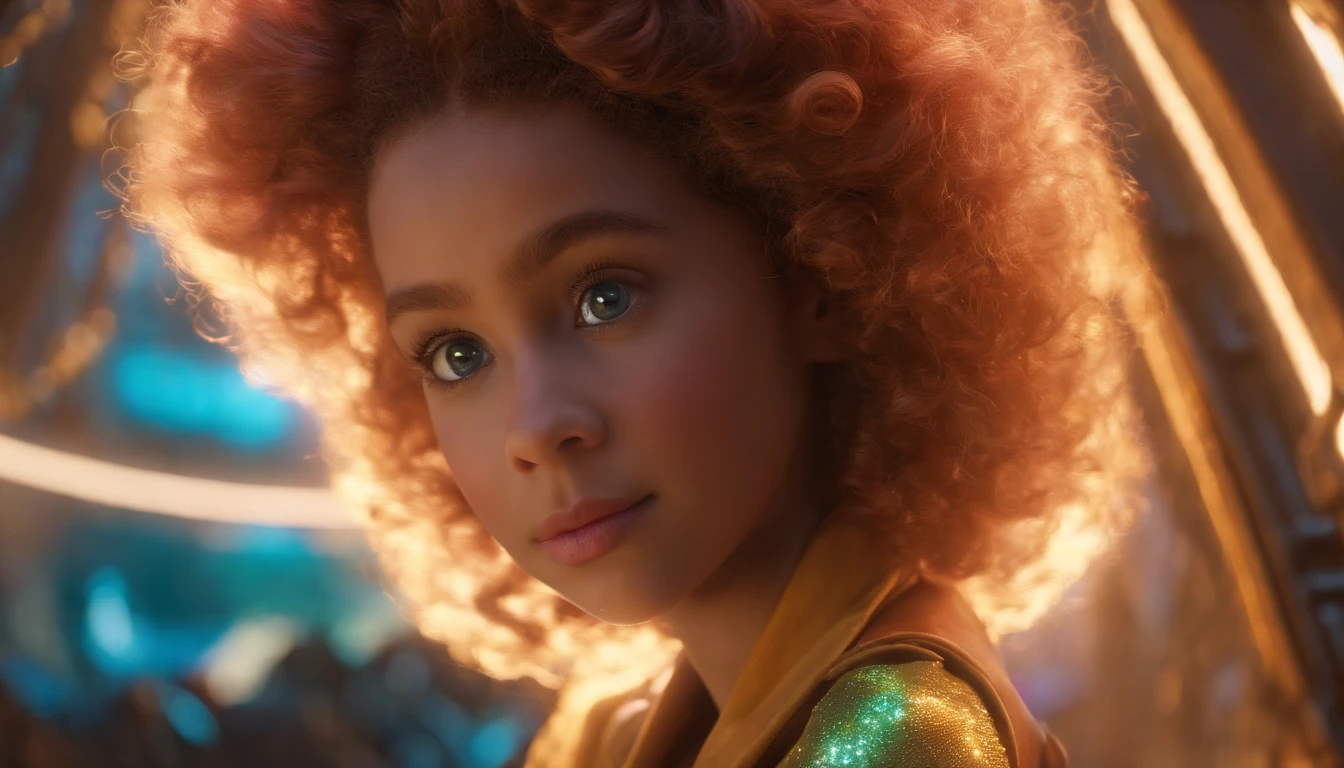 a beautiful daughter of severus snape, 9 years old, black skin, anime , happy expression, glowing green eyes, glowing silver tattoos, messy glowing red hair, wearing a black dress, pop art style, 4k, 8k, highres, masterpiece, ultra-detailed, realistic, photorealistic, photo-realistic, HDR, UHD, studio lighting, ultra-fine painting, sharp focus, physically-based rendering, extreme detail description, professional, vivid colors, bokeh