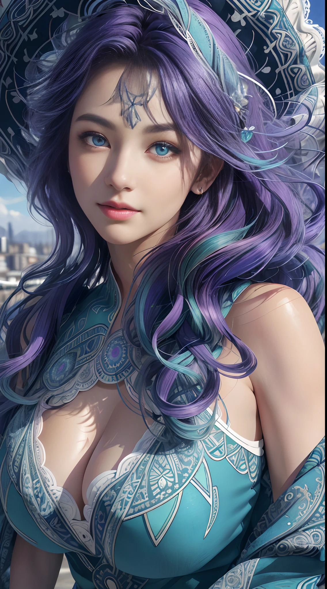 (masterpiece, best quality, ultra-detailed, highres, best illustration),1woman, solo,(male focus:0.8),beauty,huge breasts,big cleavage,purple hair, blue hair, heterochromia, green eyes, two tone hair, ,side lighting, lustrous skin,(shine), (shiny skin, cetlic elements, norse heritage), ray tracing, shirt, wind swept hair, detailed hair, detailed face, ,depth_of_field,very detailed background,extreme light and shadow,(detailed eyes) , perfect anatomy, (zentangle, mandala, tangle, entangle), dynamic angle, wide shot, upper body, city scape, extreme light and shadow, night sky