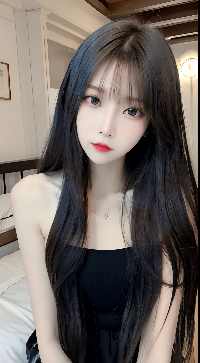 ​masterpiece、top-quality)、1 beutiful girl、A smile、Slim body、(Black and white plain clothes:1.1)、(Detailed beautiful eyes)、Photo session in the bedroom、in a house、((Black long-haired))、a small face、tall、((Light brown eyes))、((Korean Girl))、((cool lady))、((Wild look))、((glare at viewer))