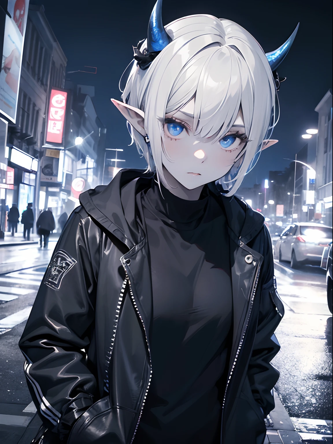 (Masterpiece, Best quality, ultra high resolution),1girl,short hair,(colored skin,ref skin),pointy ears,oni horns,beautiful and detailed face, detailed eyes,rock fashion,jacket, open jacket, black shirt,in the street,night,((grey and blue theme))