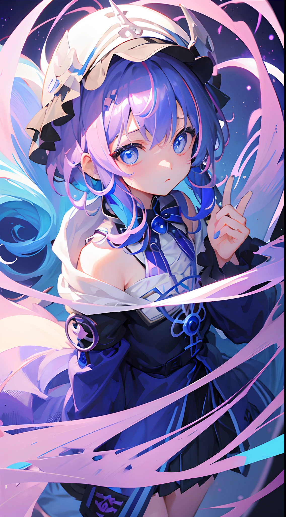 blue eyess、Light purple hair、Medium Hair、独奏、((top-quality、​masterpiece))、(独奏)、waved hair、multicolored hair、cyberpunked、simple background