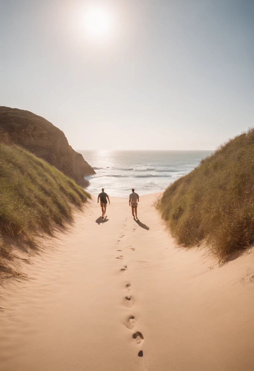 Uma praia deserta, dois homens amigos caminhando ao longe lado a lado, deixando pegadas na areia ao entardecer, , Best Definition, 4k, fotorrealista