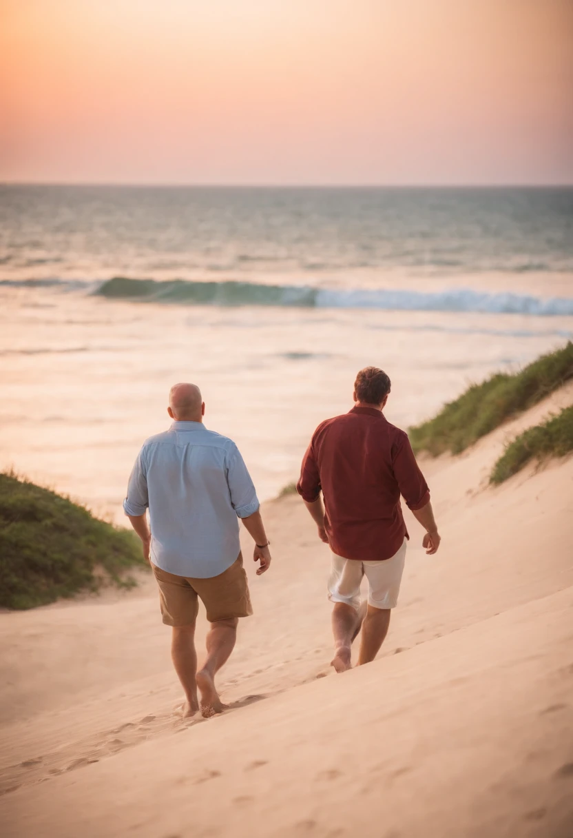 Uma praia deserta, dois homens amigos caminhando ao longe lado a lado, deixando pegadas na areia ao entardecer, , Best Definition, 4k, fotorrealista